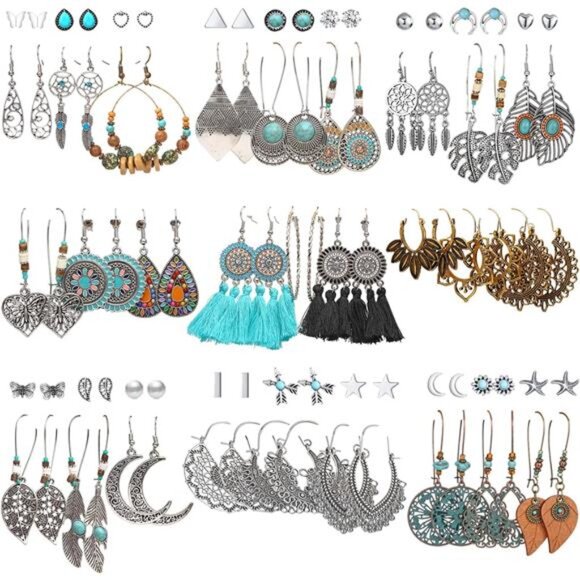 45 Pairs Vintage Silver Drop Dangle Earrings Set for Women Bohemian Bronze - Picture 1 of 7